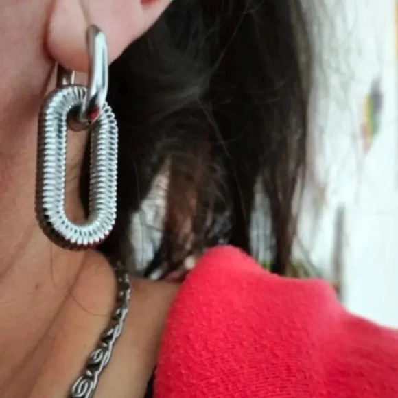 Anthropologie Bohemian Stainless Steel Silver Buckle Hoop Hollow Drop Earrings - Picture 3 of 17